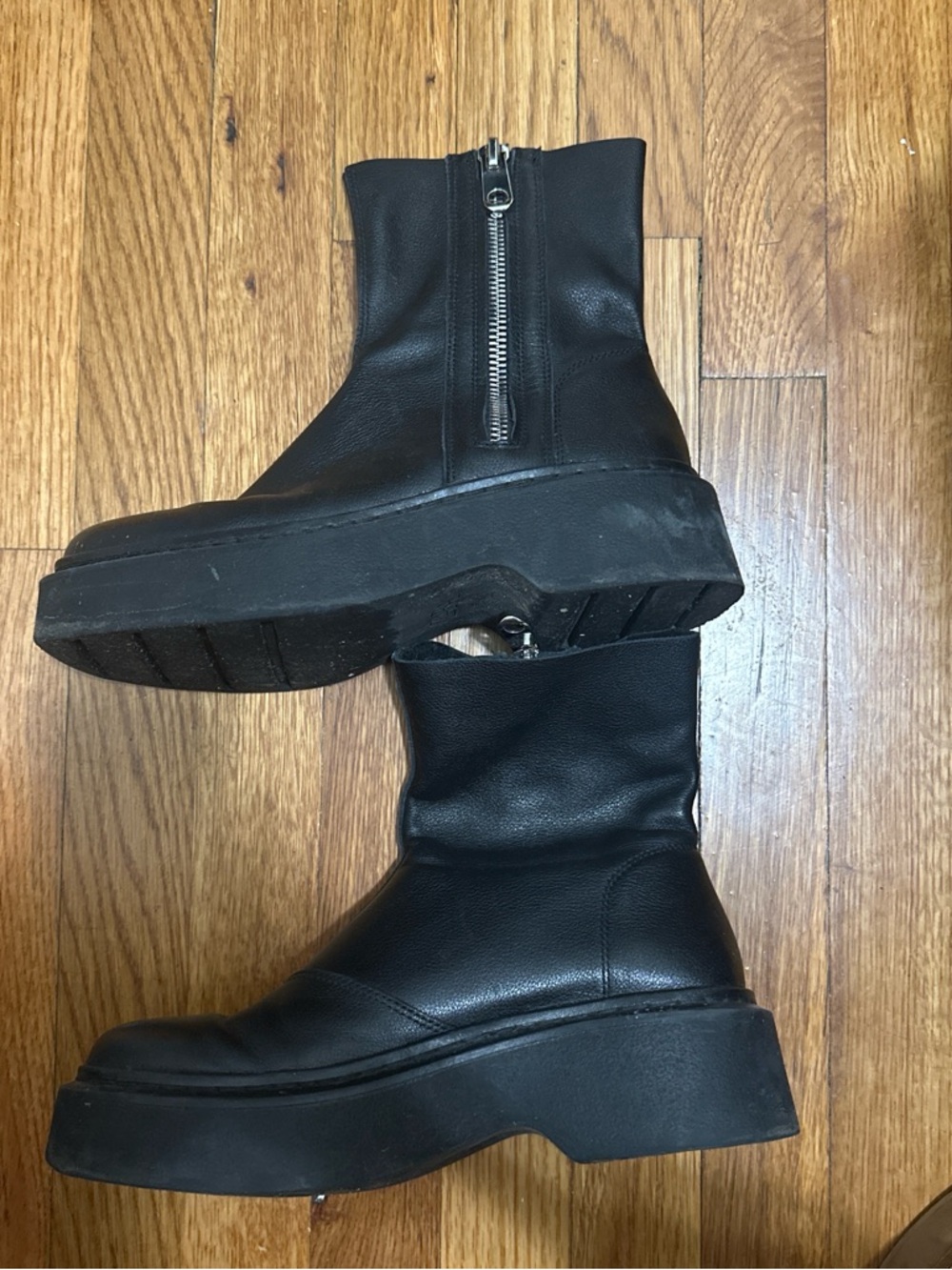 Zara Black Leather Platform Ankle Boots with Side Zipper